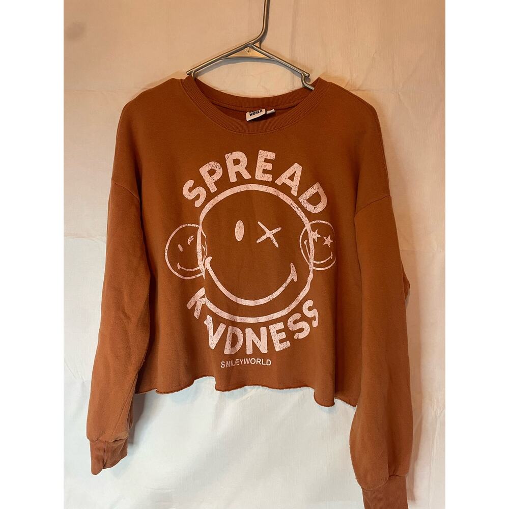 Smiley World Large Cropped Brown SPREAD KINDNESS Sweatshirt GUC